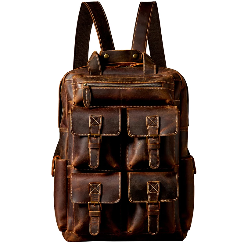 Handmade Cowhide Leather Backpack Vintage Genuine Leather Large Capacity Satchels School Bag Business Office Laptop Knapsack Bag