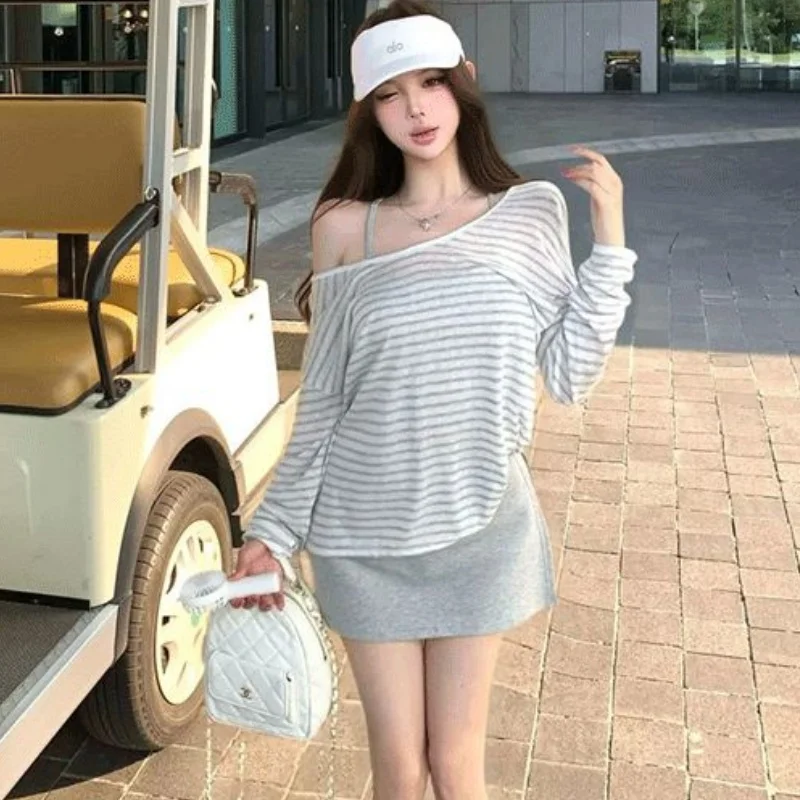 Women New Summer Striped Long Sleeve Sunscreen T Shirt Women Loose Fit Korean Versatile Lazy Casual All-match Top