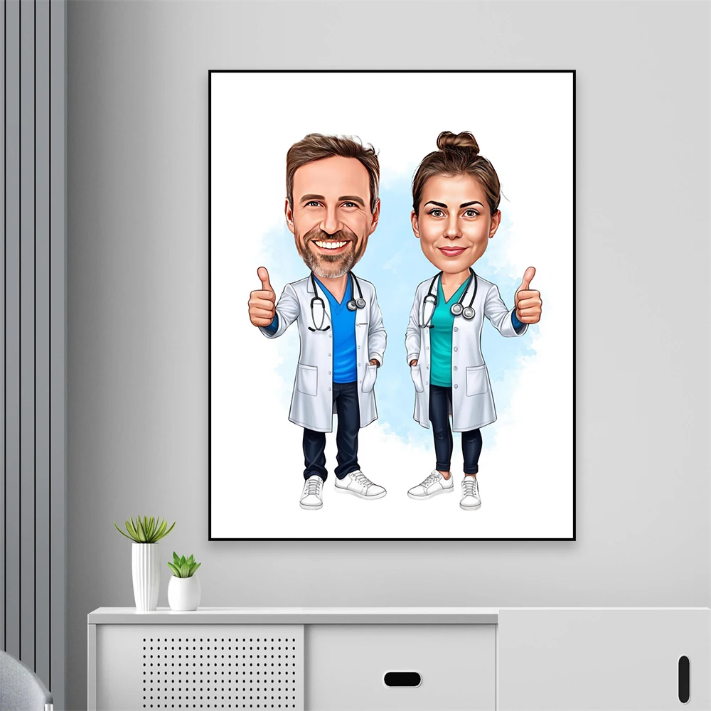 Funny Doctor Couple Cartoon Portrait Poster Custom Doctor Caricature Cartoon Portrait Prints Personalized Canvas Painting Decor