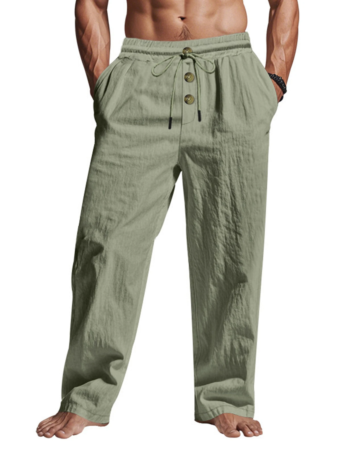 Men Loose Straight Leg Pants Lightweight Wrinkle‑look Trousers Elastic Waist Drawstring Beach Vacation Pants With Side Pockets