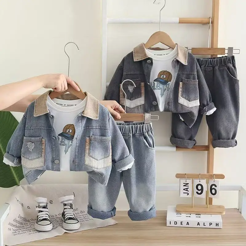 

Kids Boys' Autumn Outfit Set Spring and Autumn New Style Children's Handsome Denim Jacket T-shirt+Jeans Three piece Set 80-120CM