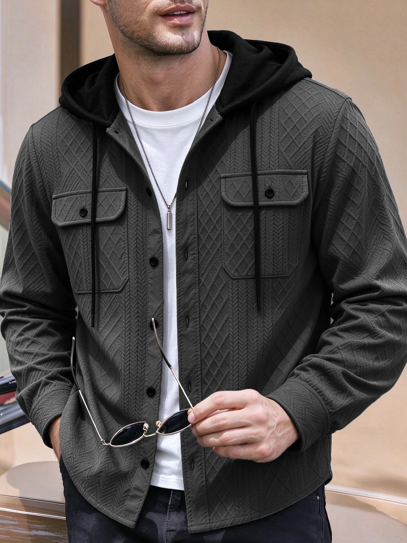 Fake Two-Piece Hooded Shirt Outerwear, Lazy Relaxed Casual Style, Adjustable Drawstring Hood, Double Patch Pockets Design, Singl