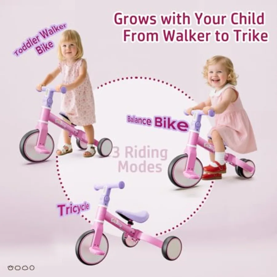 5-in-1 Toddler Balance Bike Tricycle for 18 Months to 4 Years Pink Ride-On Toy with Outdoor Indoor Use Promotes Gross Motor Ski