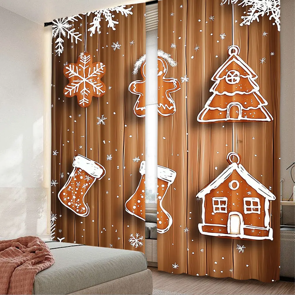 

2Pcs Gingerbread Man Curtain Funny Christmas Tree Snowflakes Suitable For Bedroom Living Room Dining Room Study Office A