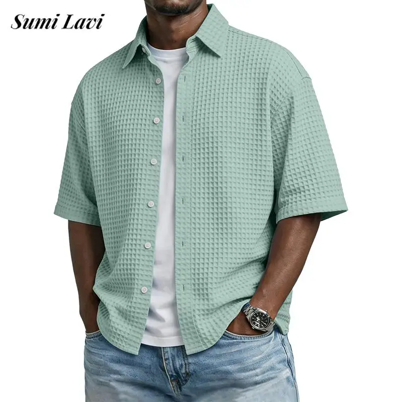 Daily Leisure Loose Short Sleeve Mens Shirts 2026 Spring Summer Fashion Button-up Lapel Shirt Vintage Men Waffle Plaid Shirts