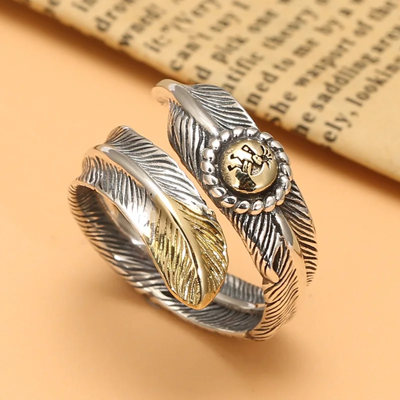 

925 silver rock feather Sterling Silver open ring Thailand silver ring female Indian style opening ring male