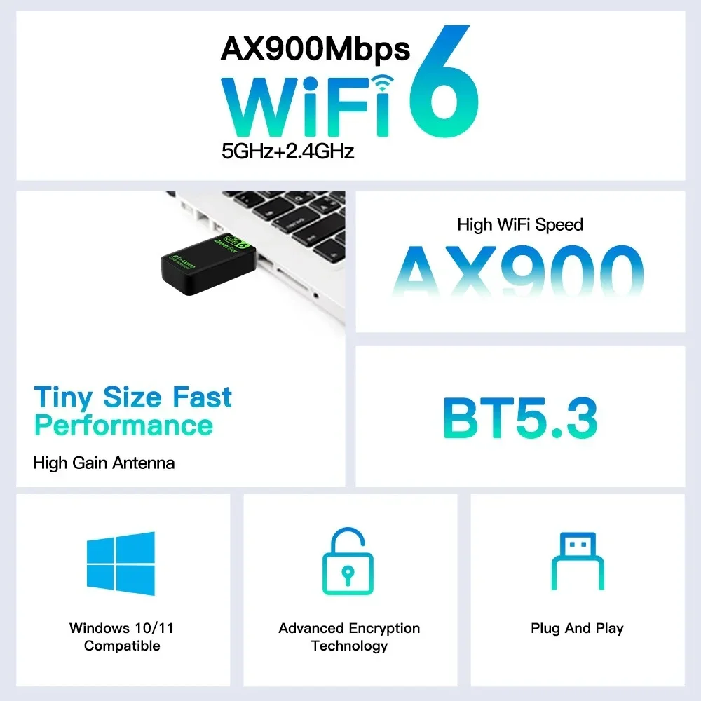 AX900 WiFi6 USB Adapter Bluetooth 5.3 Dual Band 2.4G&5GHz 2in1 Dongle USB Wireless Network Wlan Receiver DRIVER FREE Win10