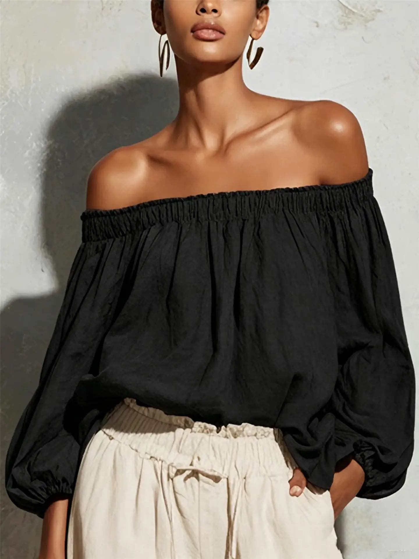 Sexy Women's Blouses 2026 New Summer Fashion Off-shoulder Lantern Long Sleeve Matte Satin Black Shirts Tops Women Boho Clothing