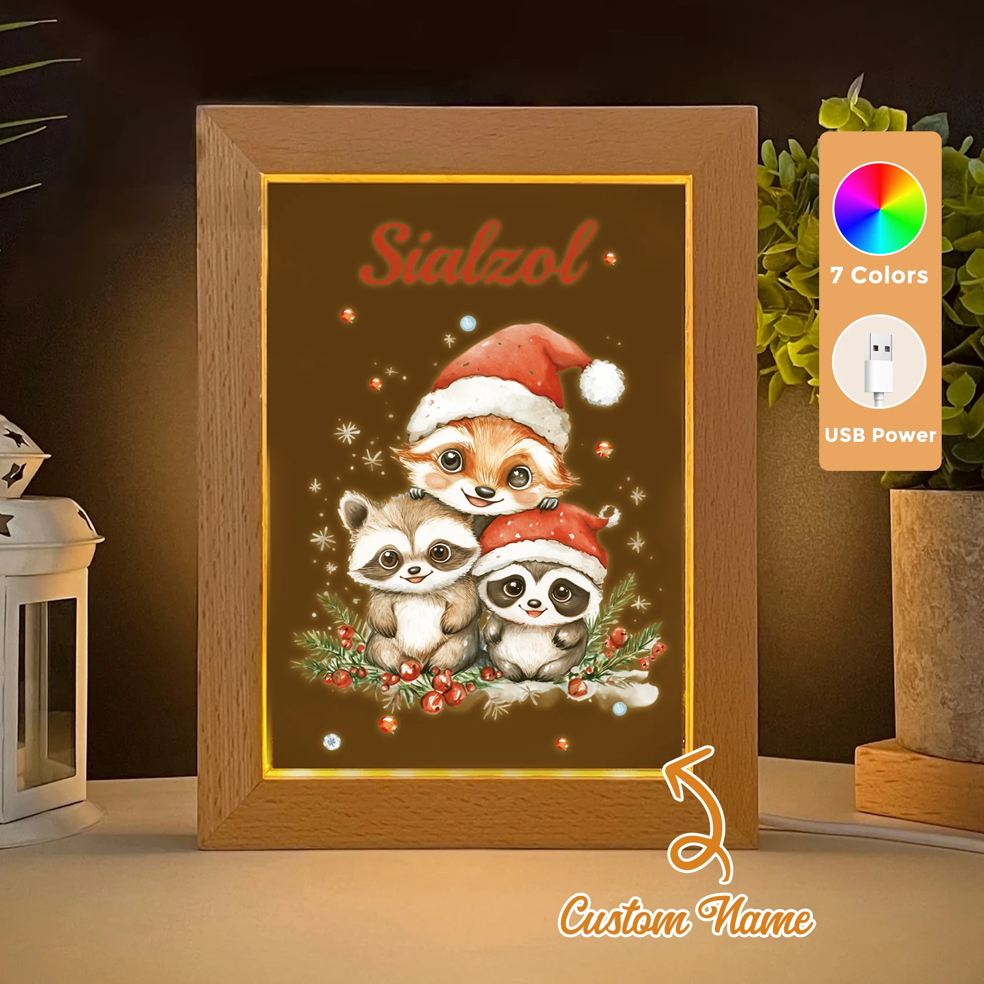 

Custom Name Animal LED Acrylic Night Light Wood Photo Frame 21x17cm Christmas Cartoon Children Bedroom Gifts Home Decor