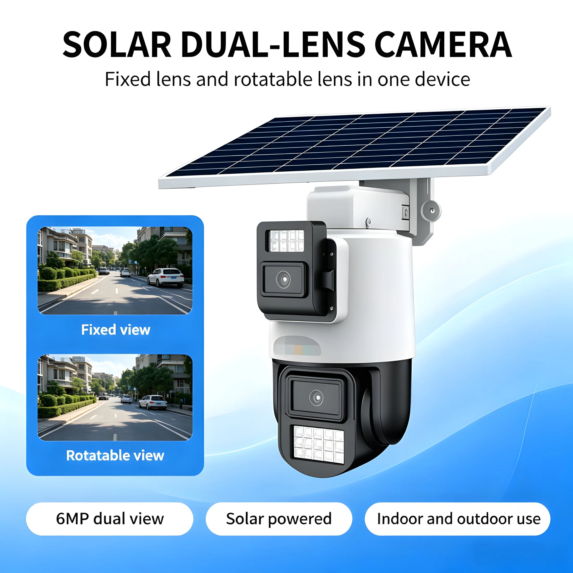 6MP Dual Lens Solar Security Camera - PTZ Outdoor Indoor with Human Detection Two-Way Audio Cloud & TF Card Support