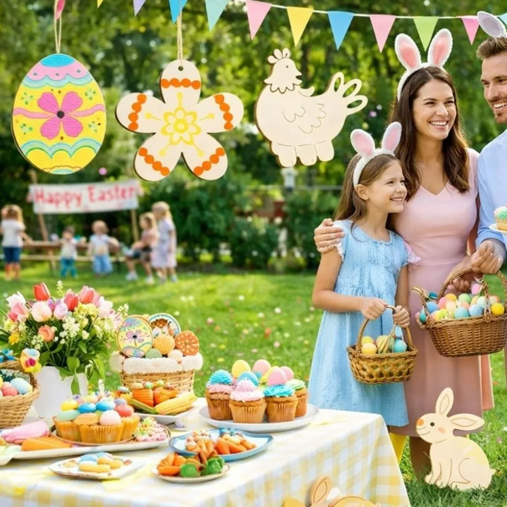 

8 Pieces Blank Wooden Easter Egg Graffiti Painting Unfinished Bunny Painting Ornament Handicrafts Butterfly Flowers