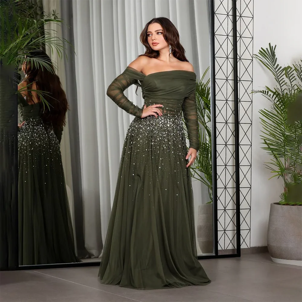 Vestido de noche de cristal de lujo con hombros descubiertos, manga larga, vestido de noche azul real, línea A, tul, largo hasta el suelo, vestidos de graduación personalizados