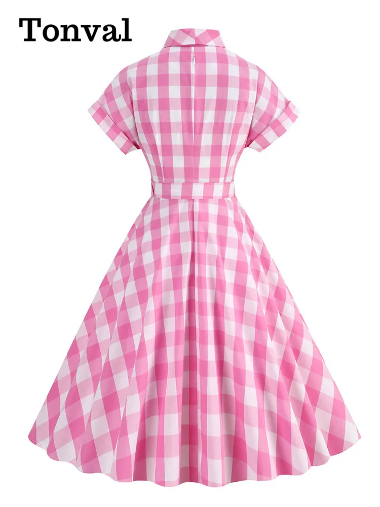 Tonval Turn Down Collar with Bow Buttons Vintage Cotton Long Dresses for Women Pink and White Gingham Print Elegant Swing Dress