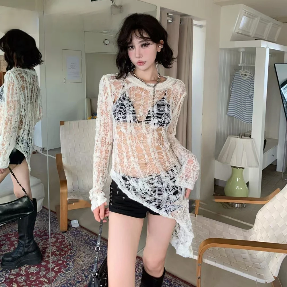 

Solid High Street Hollow Out Sexy Tops For Women Round Neck Long Sleeve Knitting Sweaters Female Fashion Clothes