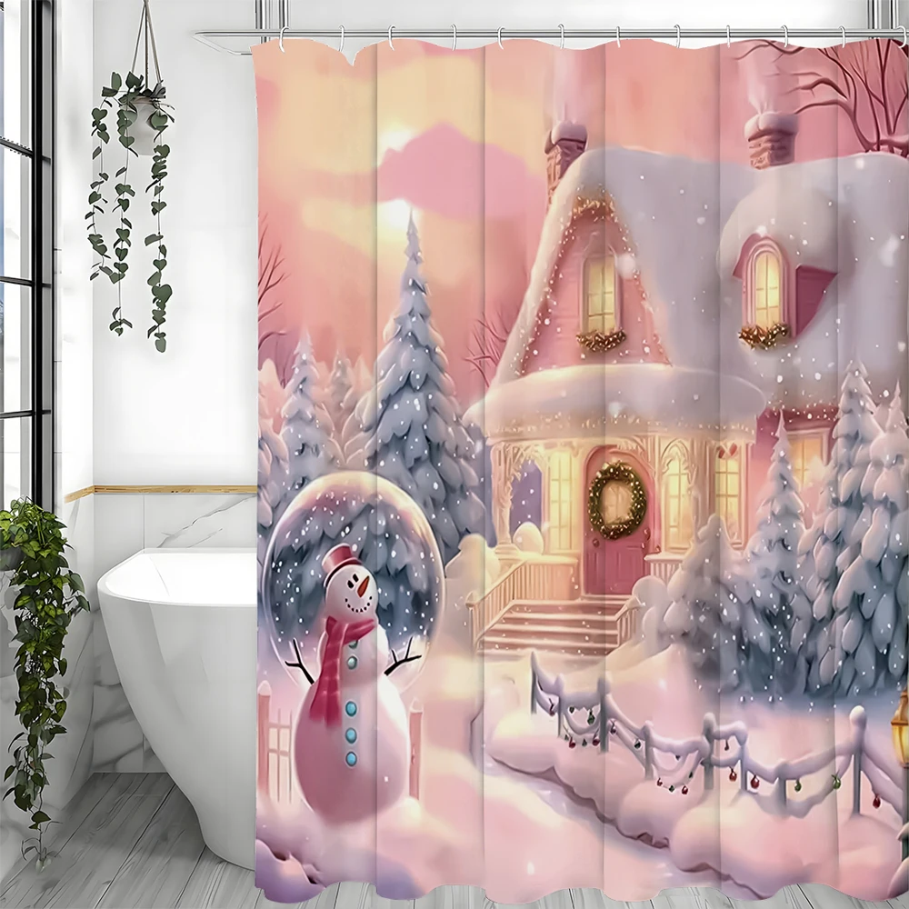 

"Winter Snowman Shower Curtain, Christmas Cottage Scene, Festive Holiday Art for Bathroom Decor, Cozy Winter Home Design"