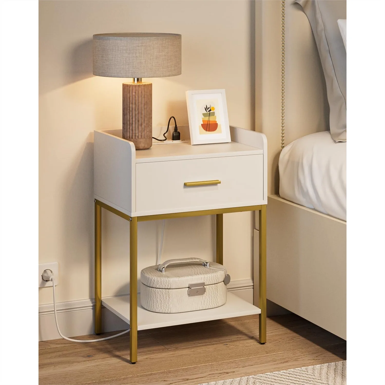 

Nightstand with Charging Station, 3-Tier Bedside Table for Small Space, Modern White Night Stand with Drawer and Shelf for