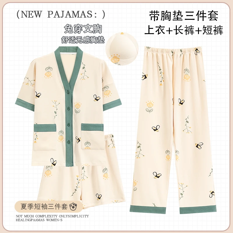 

3 Pieces Set Big Size M-4XL Summer Short Sleeve Pajama Sets Women knited Cotton Home Wear