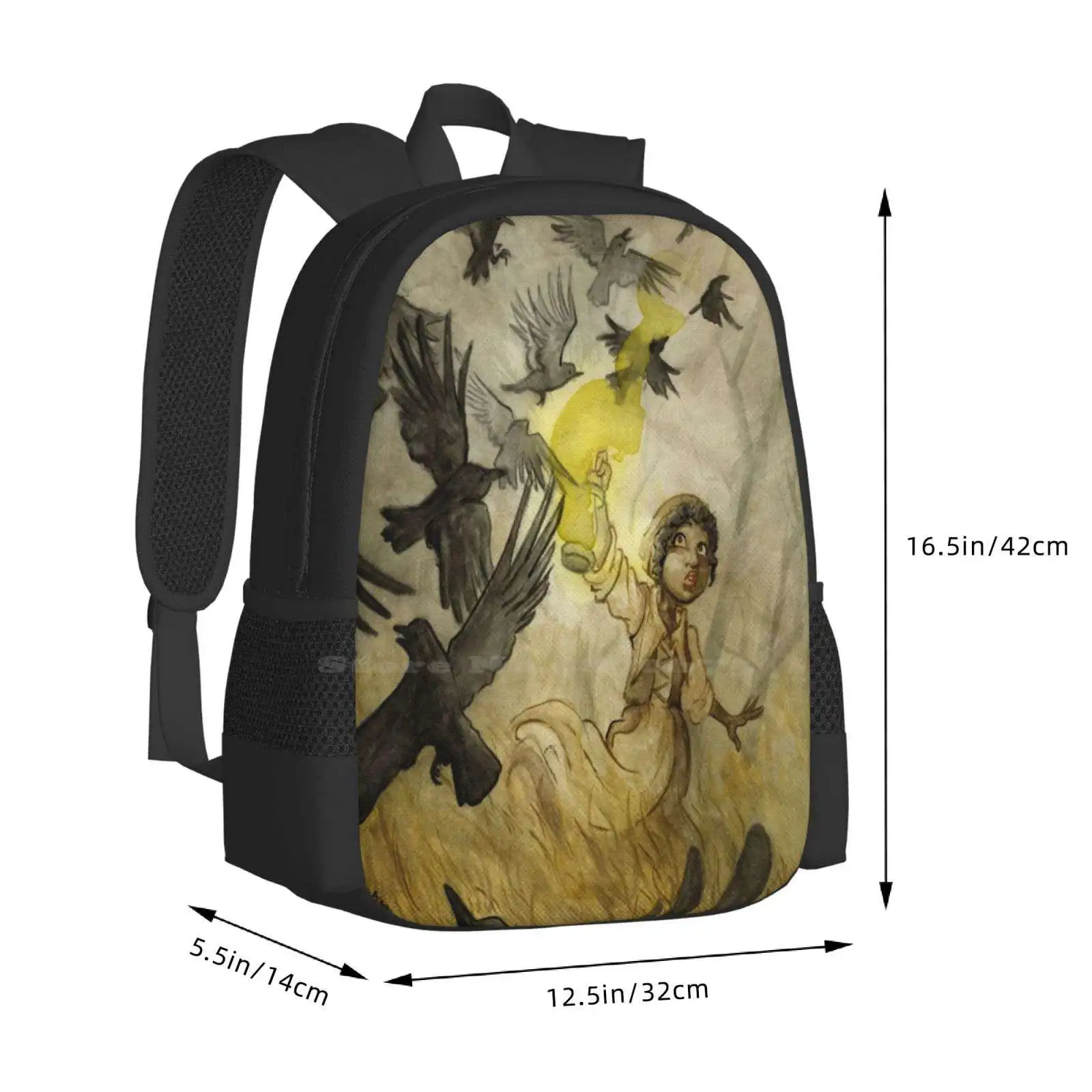 Mochila de diseño de patrón de campo de cuervos para estudiantes universitarios adolescentes, cuervo de campo, Cuervo, Urraca, pájaro, linterna, llama de fuego, niebla