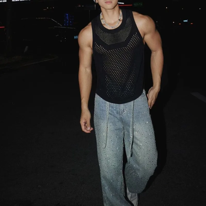 Summer New American Knitted Vest Hollow Out Sleeveless Tops Sports Leisure Hem Split Sweater Vest Men's Trendy Ins Daily Wear