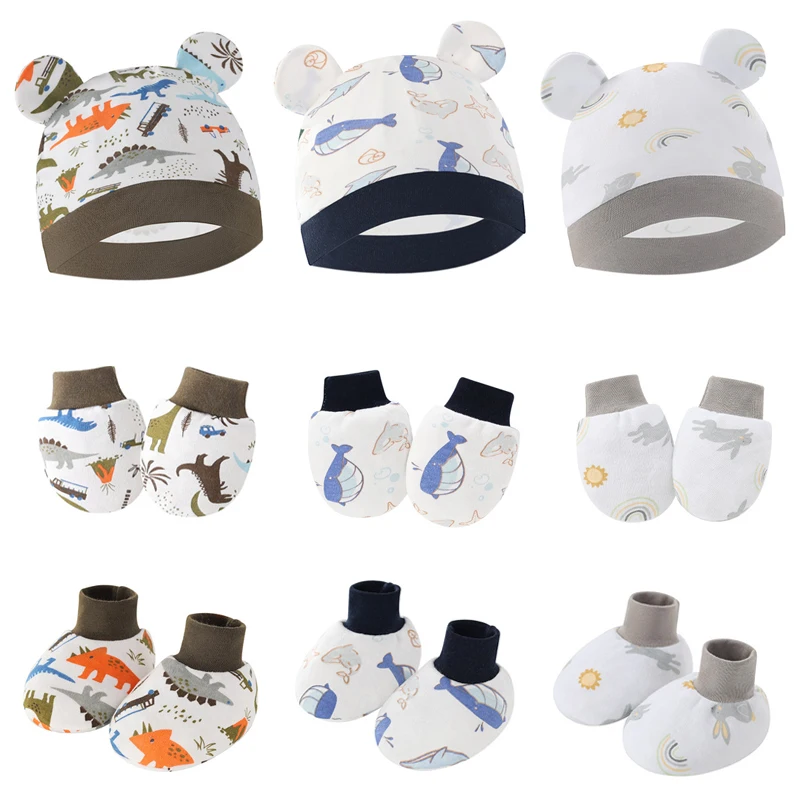 3 Sets Newborn Hat Gloves Socks Set Cotton Cartoon Baby Beanie Suit Infant Bonnet Toddler Cap for Girls Boys Newborn Gift 0-6Y