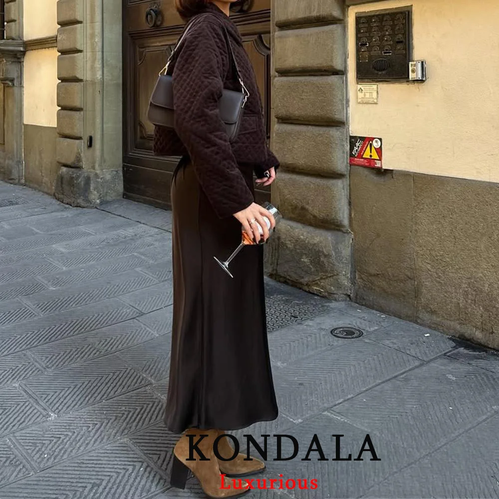 

KONDALA Vintage Casual Brown Satin Long Skirts Women High Waist Elastic Straight Mocha Mousse Skirts Fashion 2025 Elegant Skirts