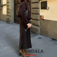 KONDALA Vintage Casual Brown Satin Long Skirts Women High Waist Elastic Straight Mocha Mousse Skirts Fashion 2025 Elegant Skirts