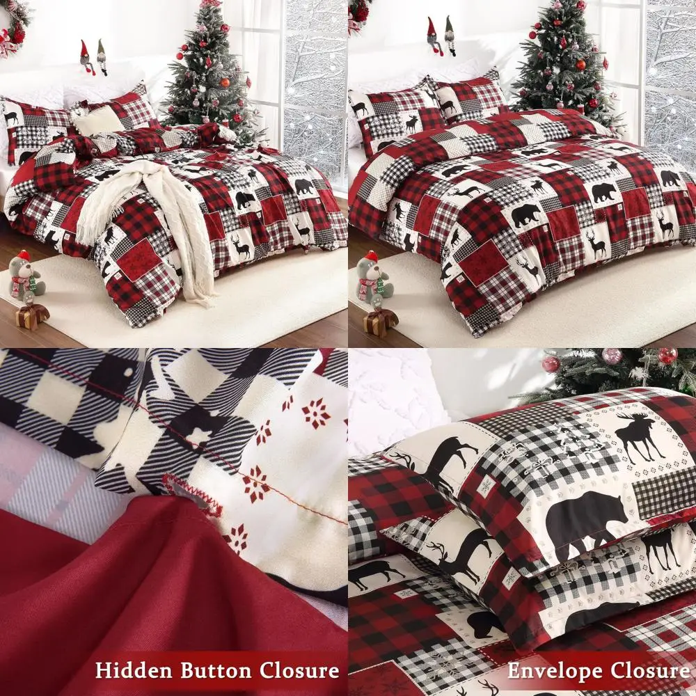 

King Size Christmas Plaid Deer Print Duvet Cover Set, Soft Microfiber Holiday Bedding
