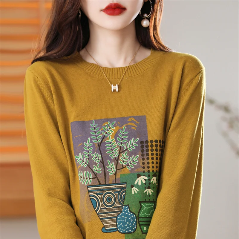 Autumn Round Neck Pattern Sweater Women's Temperament Knitted Light Cotton Pullover Fashion Top Winter Warm Bottoming Shirt