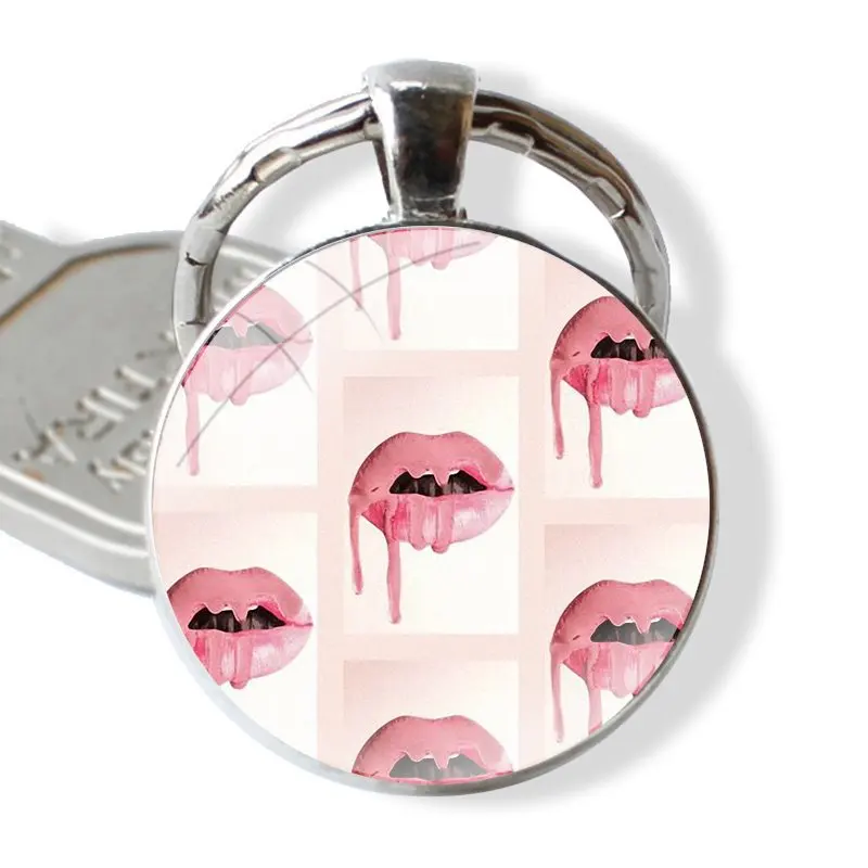 Girly Pink lips fashion Keychain Handmade Glass Cabochon Key Ring Holder Pendant Key Chains