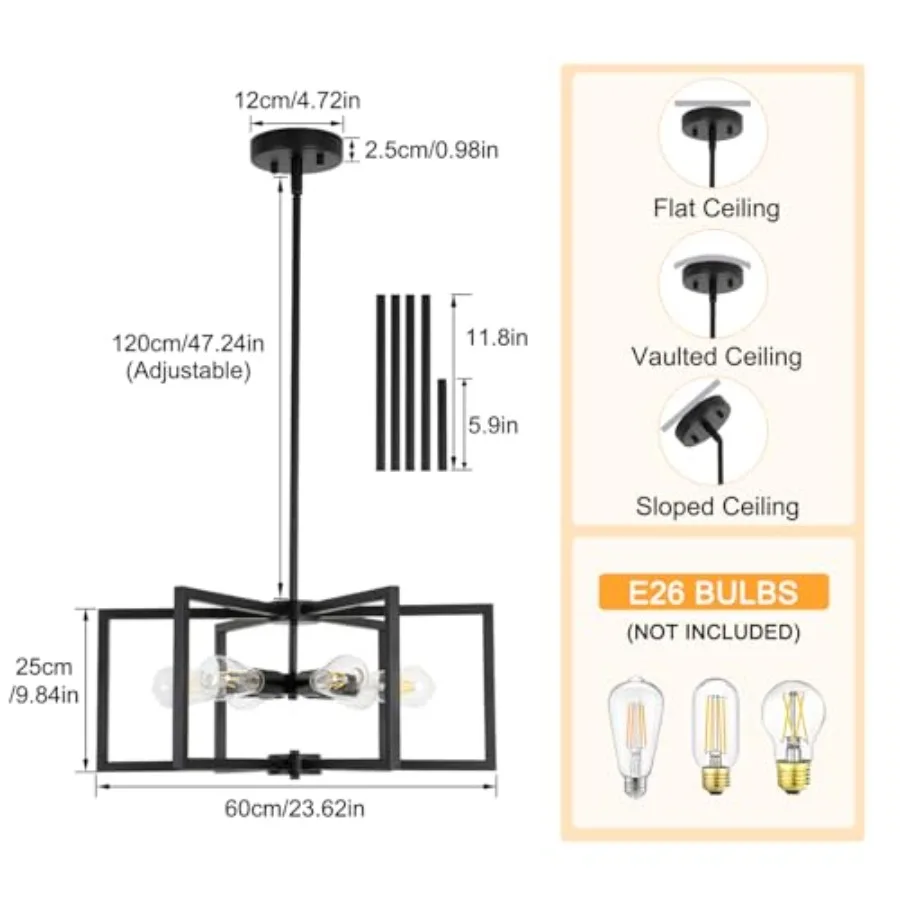23.6" Black Chandelier for Dining Room 6 Light Kitchen Chandelier over Table Farmhouse Dining Room Light Fixtures Over Table, H view 2