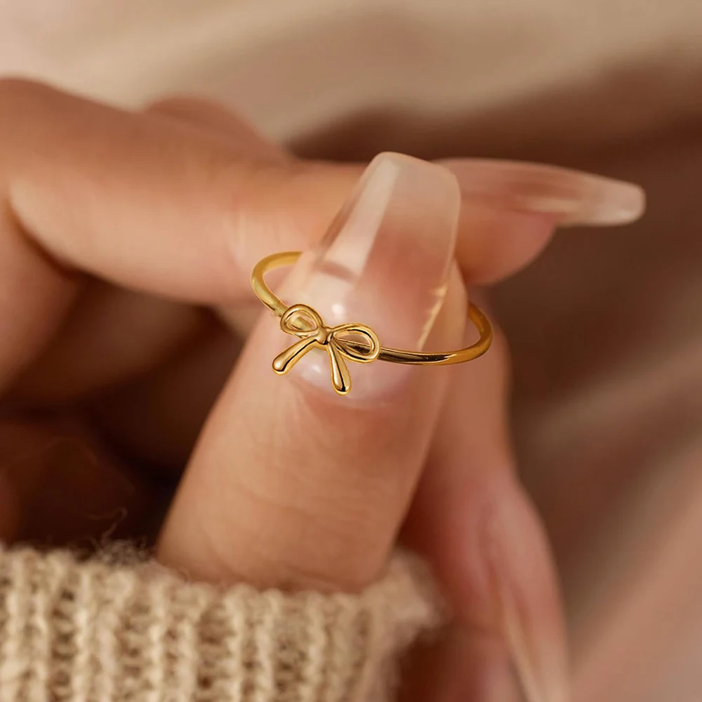 Dainty Gold Plated Bow Rings for Women Mother Daughter Friendship Ribbon Knot Ring Aesthetic Bowknot Wedding Bands Jewelry Gift