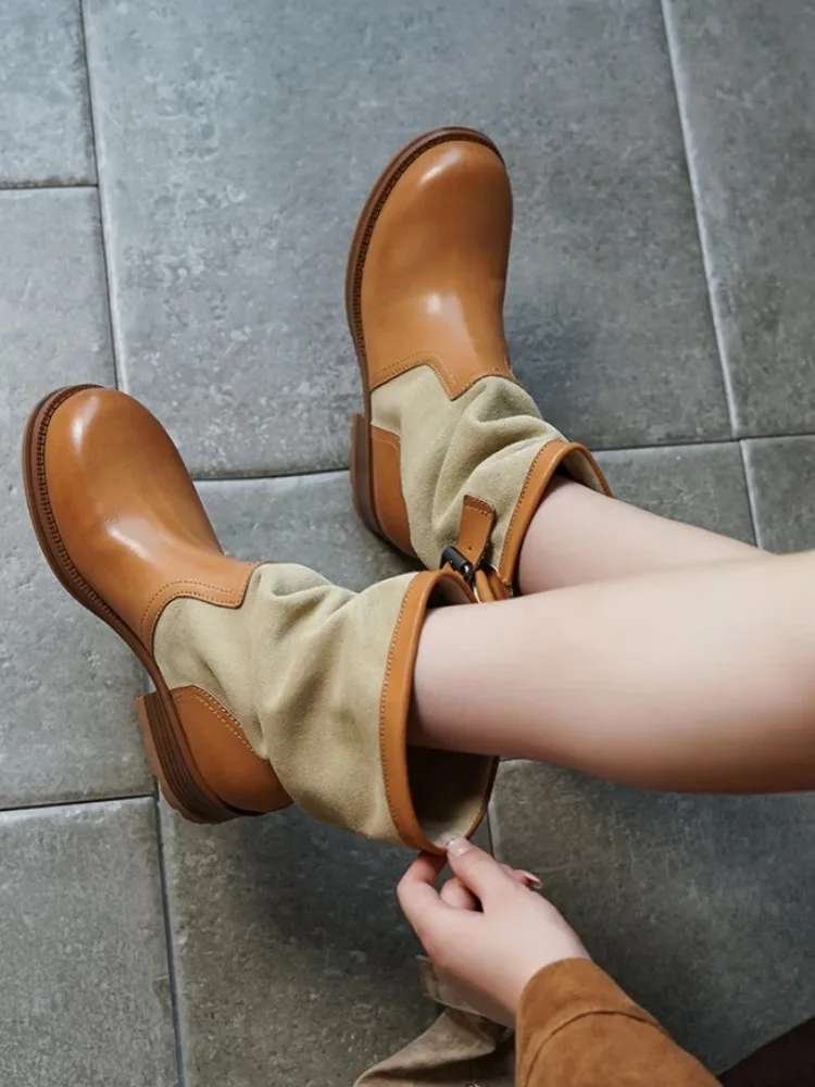 Handmade Women Genuine Leather Boots Cowhide Spliced Cow Suede Mid Calf Knight Boots Autumn Slip On Chunky Heels High Top Shoes