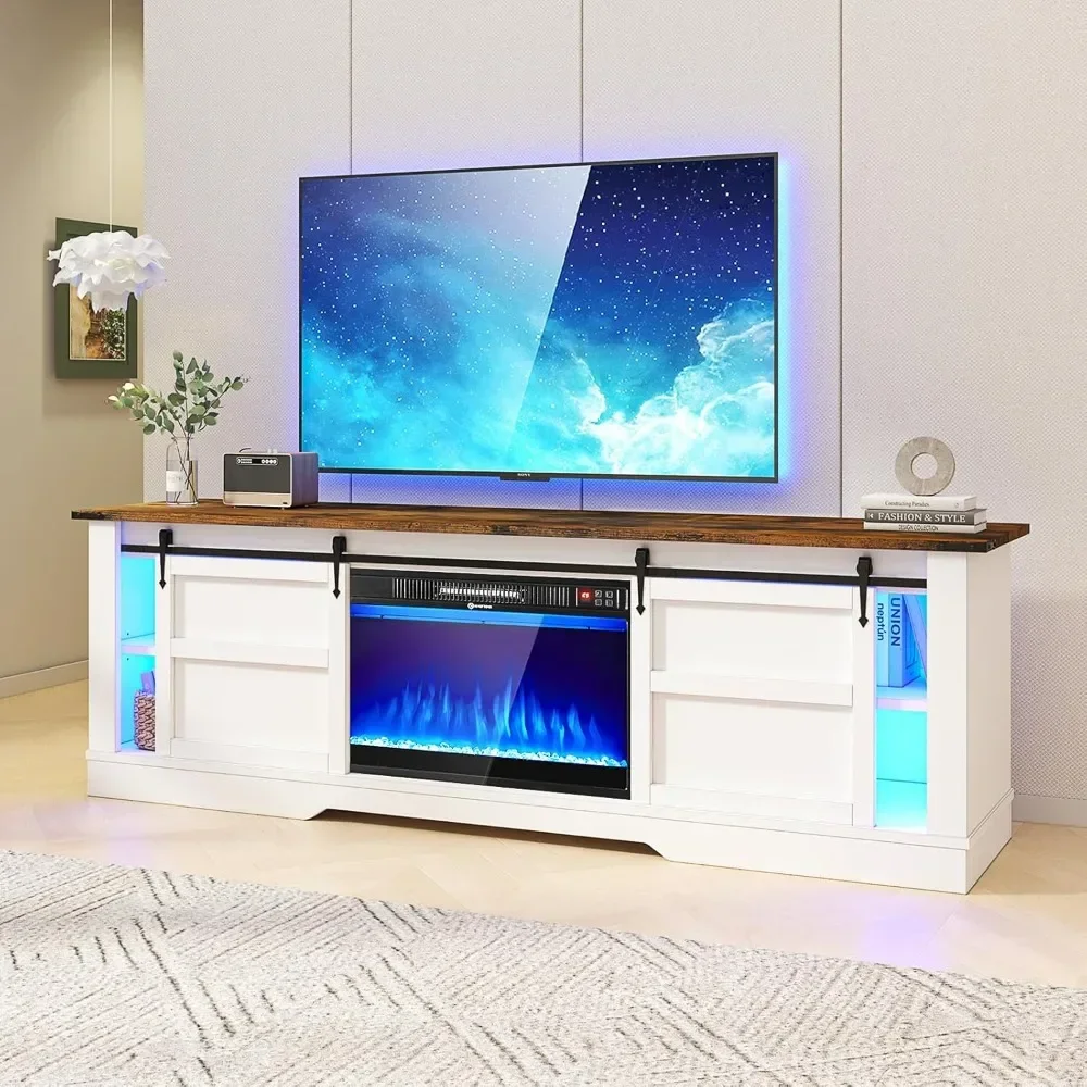 TV Stand LED Light with Set of Shelf Modern Entertainment Center with Sliding Barn Door and Cabinet Electric Fireplace TV Stand