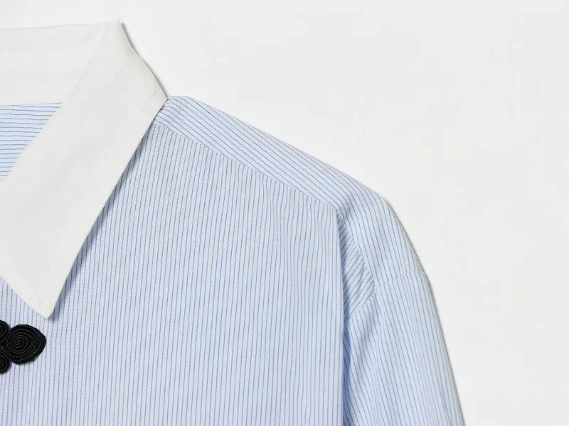 HXAO Blaues Damen-Streifenhemd Langarm Sommer Damenhemd Chinesische Froschknopf-Bluse Locker Sitzende Büro-Freizeitbluse – Detail 6