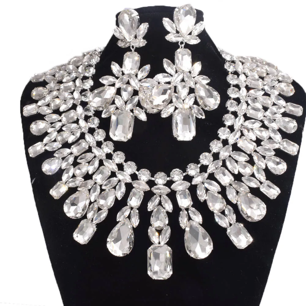 CUIER Super Shiny Glass Necklace& Earring Set Drag queen Big Size Jewelry for Beauty Pageant TV Show Accessories