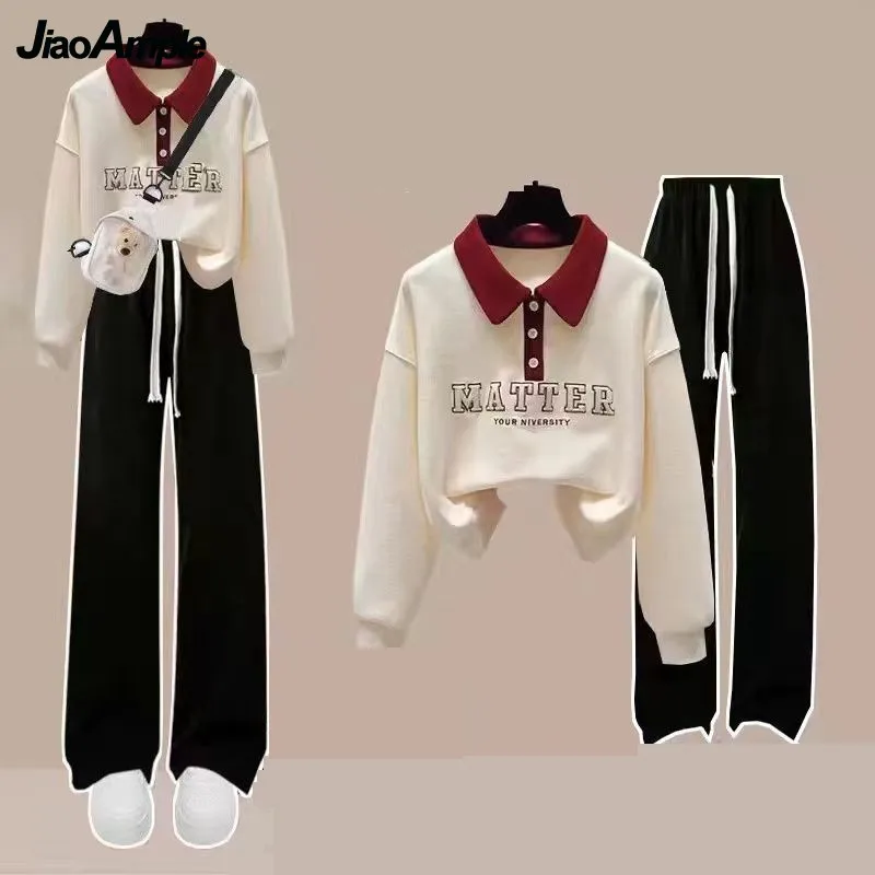 2023 Autumn New in Matching Set Women Loose Polo Long-Sleeve Sweater Blouse+Sport Pants Two Piece Korean Elegant Tracksuit Suit