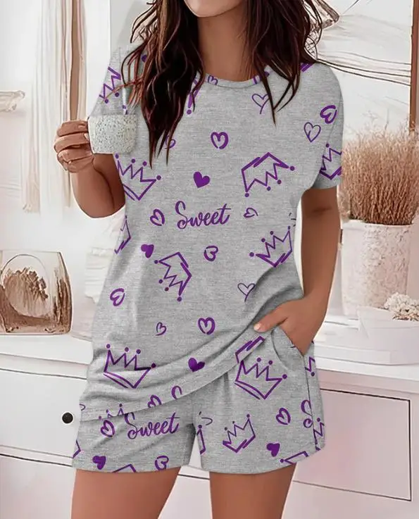 

Women's Set Summer Letter Crown Print Round Neck Short Sleeved T-Shirt Casual Straight Shorts Set Suitable for Home Sleepwear