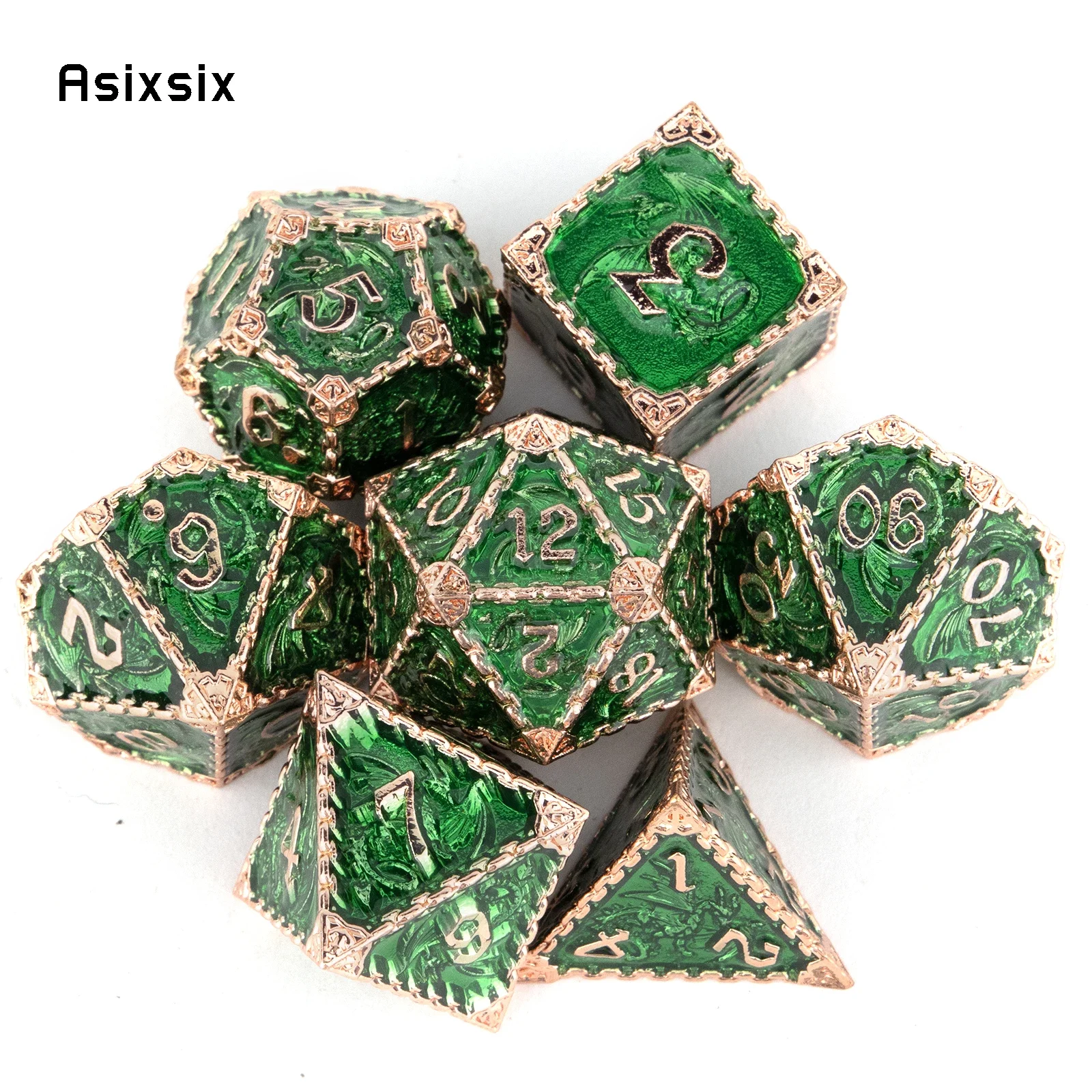 

7 Pcs Green Golden Dragon Metal Dice Solid Metal Polyhedral Dice Set Suitable for Role-Playing RPG Board Game Card Game