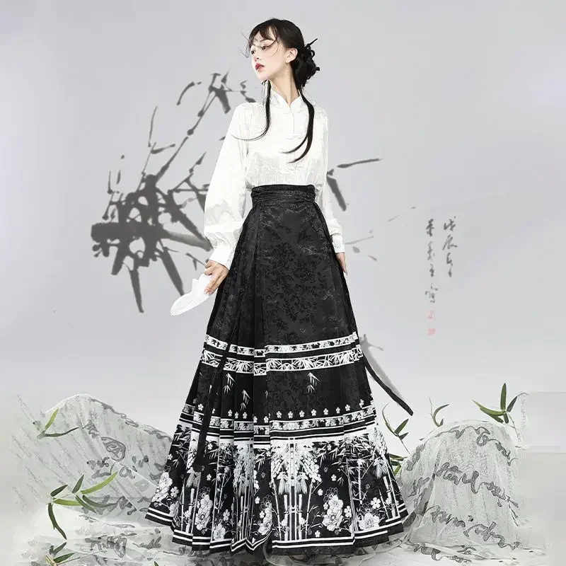 

Original Ming Dynasty White Satin Stand Collar Jacquard Hanfu Top Black Printed Horse Face Traditional Chinese Dress for Women