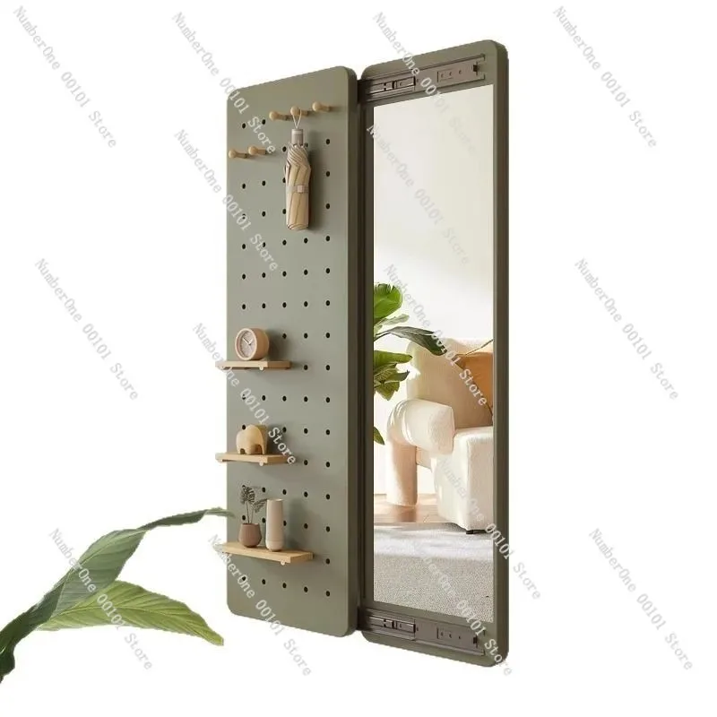Solid Wood Pegboard Dressing Mirror, Invisible Sliding Full-body Mirror, Hidden Wall-mounted Dressing Mirror for Entrance