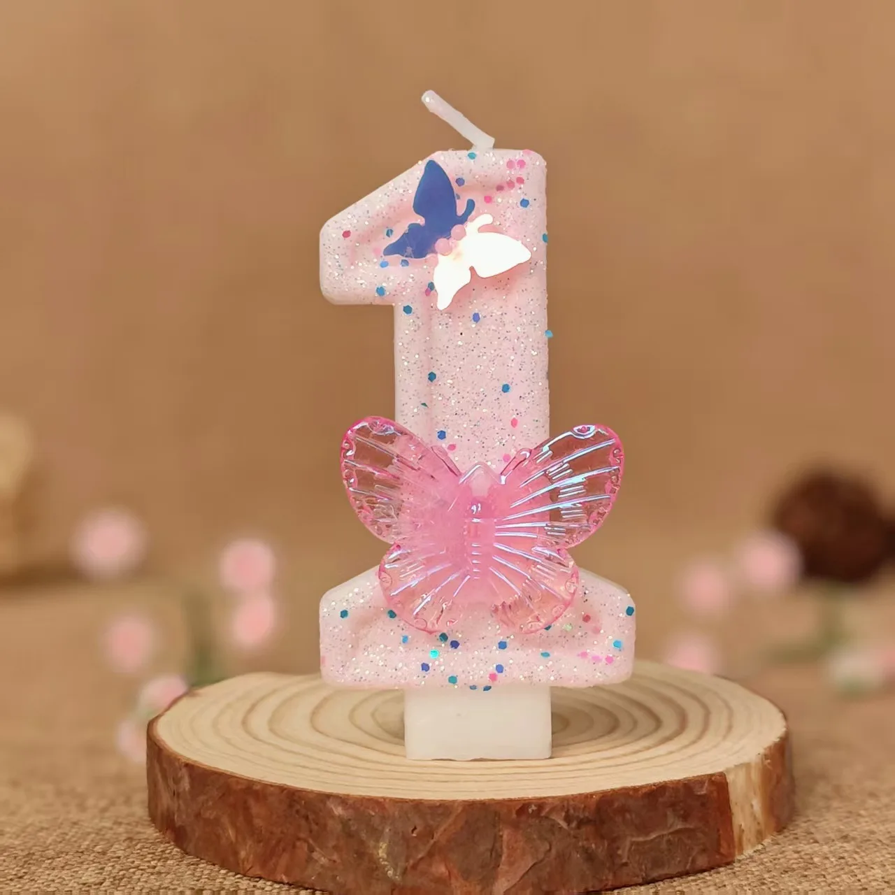 3D-Schmetterlings-Zahlenkerzen 0-9, glänzende, pinkfarbene Glitzerkerzen für Geburtstagskuchen, Kuchendekoration, Partyzubehör – Detail 5