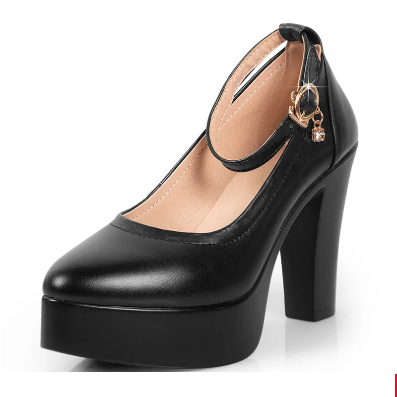

8cm 10cm 12cm Size 33-43 Comfortable Ankle Buckle Platform Pumps 2026 Fall Soft Leather Shoes Block High Heels Shoes Office Mom