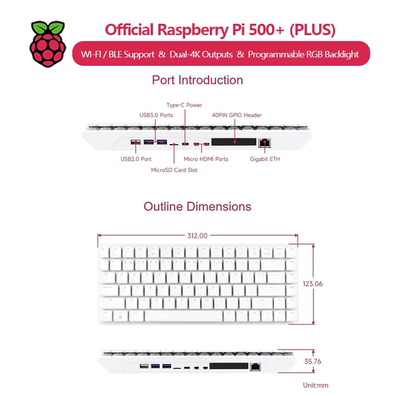 Оригинальный Raspberry Pi 500 / 500+, с двумя выходами 4K, поддержкой Wi-Fi/Bluetooth, программируемой RGB-подсветкой