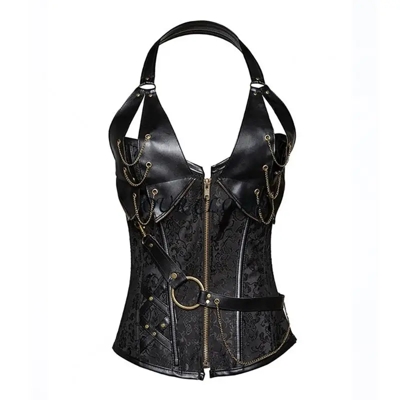 Women's Halloween Punk Rock Faux Leather Corset Bustier Basque Y1AC