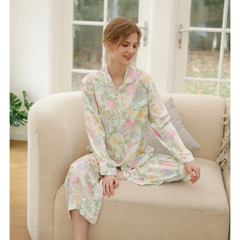 Autumn 2022 Satin Vanilla Mint Long Sleeve Printed Pajama Two-piece Set Floral Viscose Pajamas for Women Pijama Mujer 2 Piece