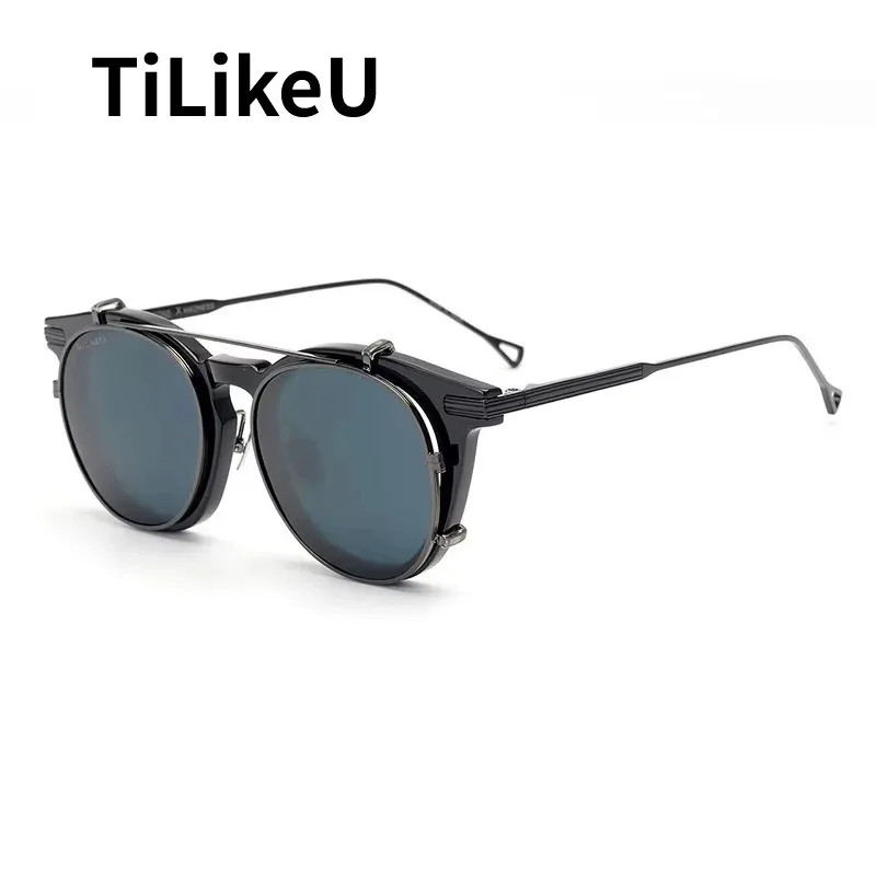 Top Handmade Acetate Clip on Eyeglasses Frame for Men Retro Square Frame Titanium Leg Prescription Clip on Polarized Sunglasses