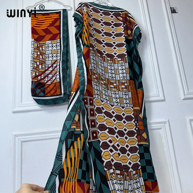 WINYI Passerella modello abaya donna set musulmano vestito africano dubai abaya girocollo stampa caftano elegante abito maxi lunghezza