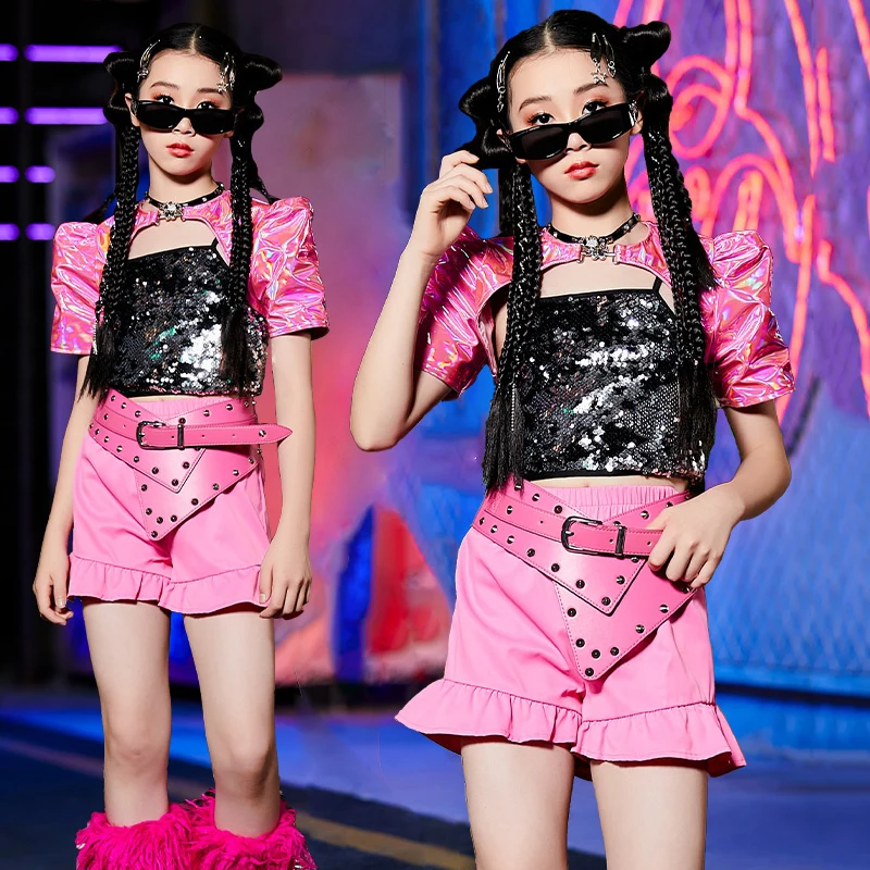 Girls Cheerleading Jazz Dance Costumes Girls Kpop Stage Outfits Sequins Top Shorts Kids Cool Hip Hop Clothing Street Wear 10017