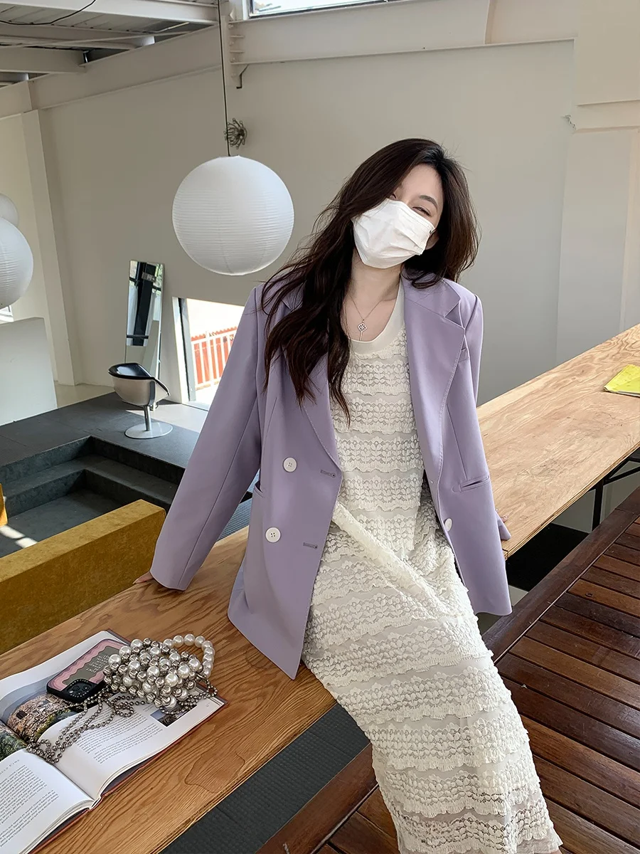 

Женский двубортный пиджак Mae больших размеров с лацканами, весенний топ, с завышенной талией, длинными рукавами, из смесового полиэстера, А-силуэт