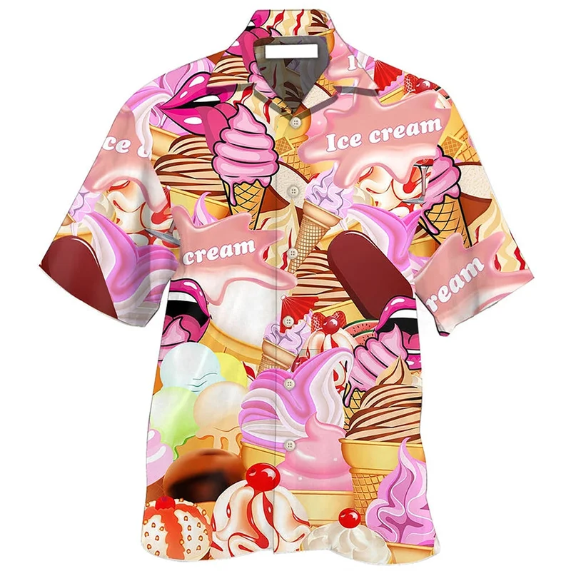 Cartoon Ice Cream Hawaiian Shirt 3D Printed Popsicle Shirts Men Women Summer Street Short Sleeves Beach Vacation Lapel Blouse